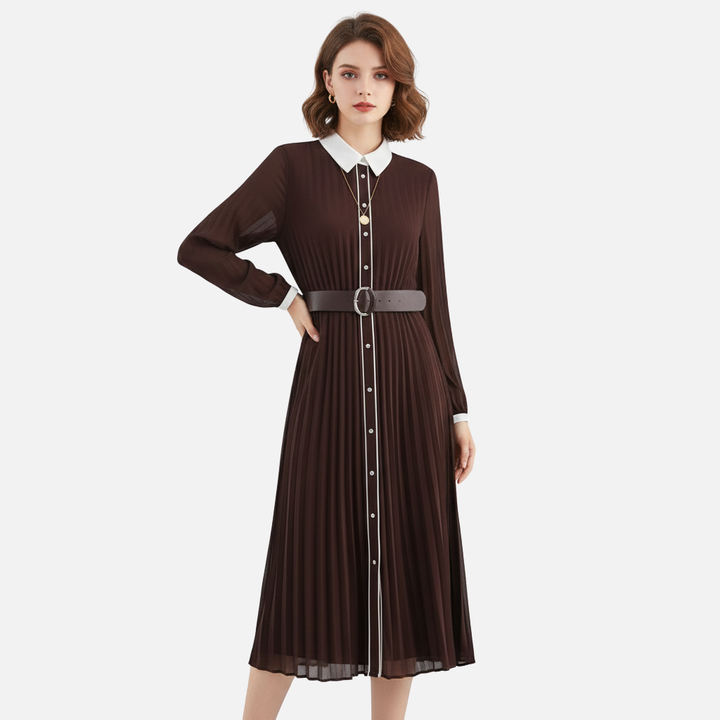 Pleated Chiffon Midi Dress with Belted Waist for Women