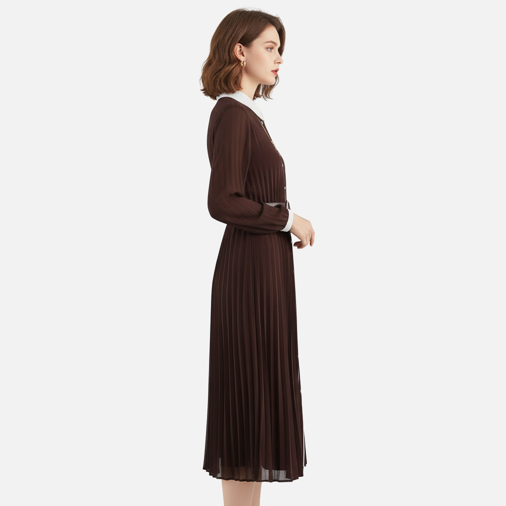 Pleated Chiffon Midi Dress with Belted Waist for Women