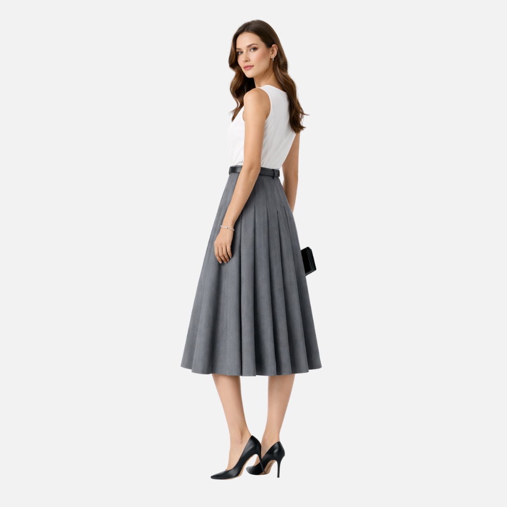 Pleated Midi Skirt with Belted Waist for Women