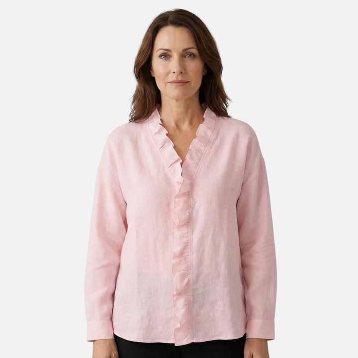 Relaxed Casual Ruffle V-Neck Blouse with Long Sleeves for Women