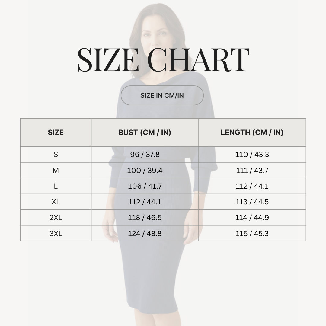 Ribbed Knit Dolman Sleeve Midi Dress for Women size chart