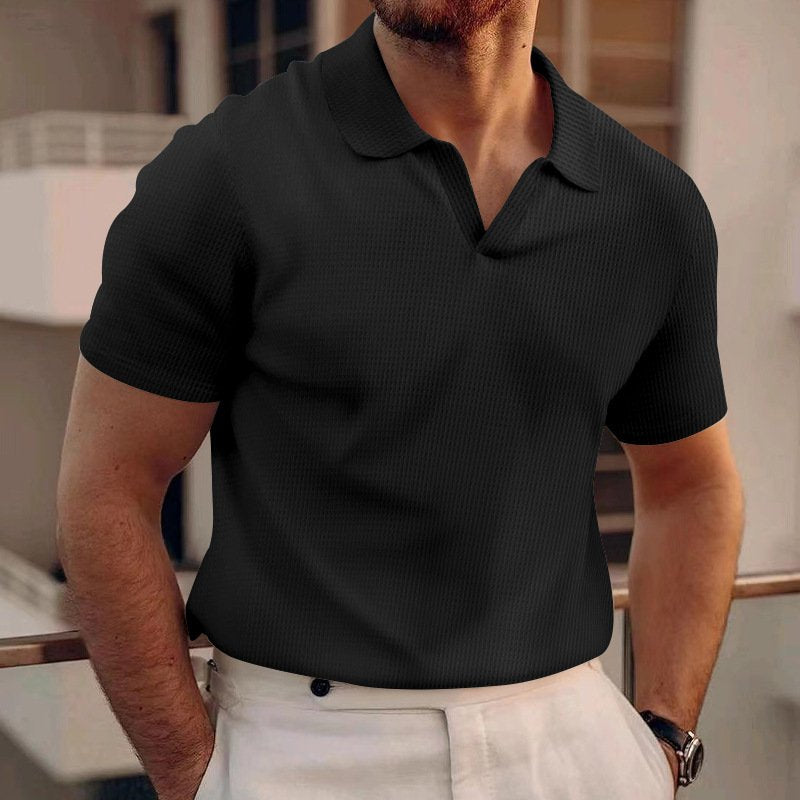 Ribbed Knit Polo Top – Button V-Neck for Men