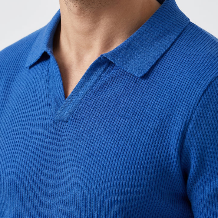 Ribbed Knit Polo Top – Button V-Neck for Men