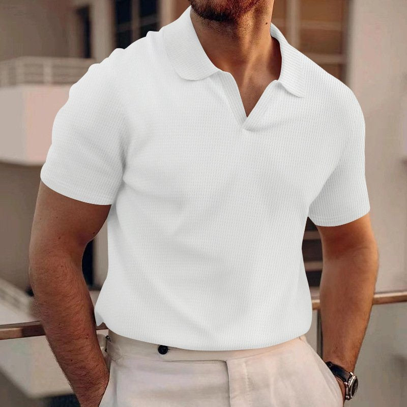 Ribbed Knit Polo Top – Button V-Neck for Men