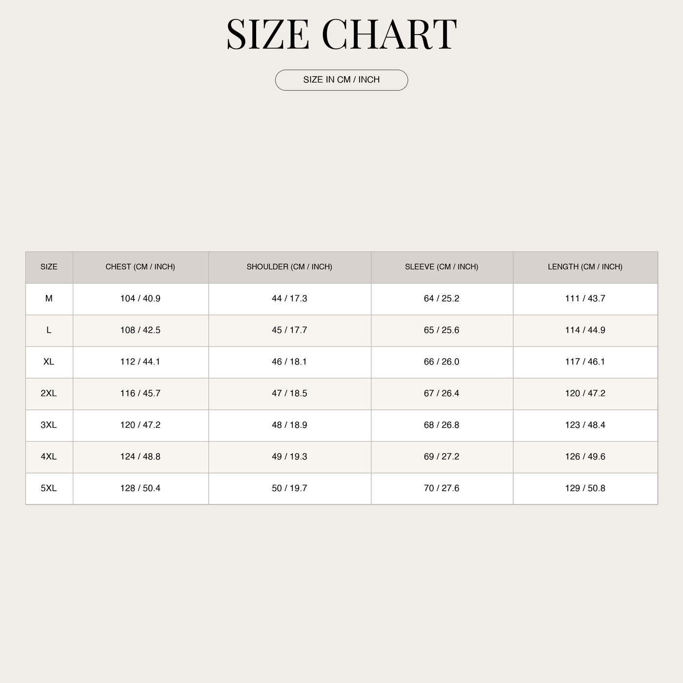 Men's Classic Trench Coat – With Turned-Down Collar and Regular Fit size chart