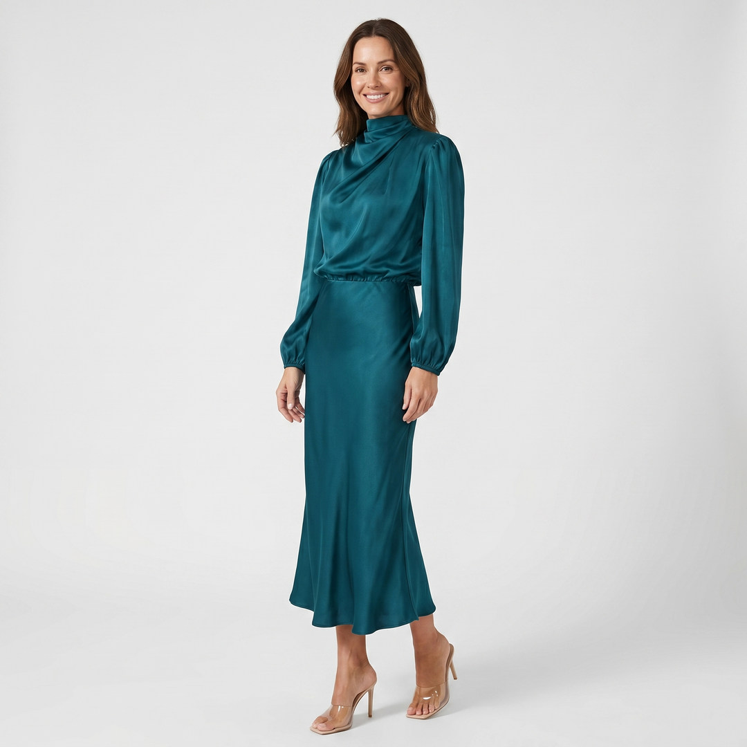 Satin A-Line Midi Dress with Cinched Waist for Women