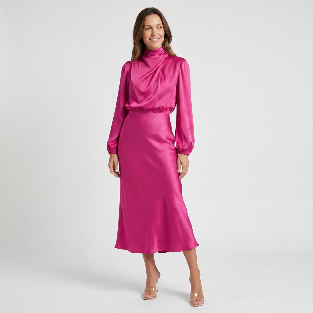 Satin A-Line Midi Dress with Cinched Waist for Women