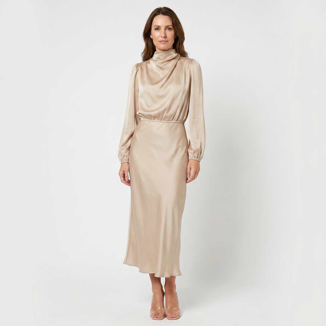 Satin A-Line Midi Dress with Cinched Waist for Women