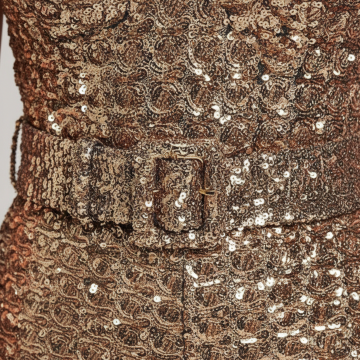 Sequin Jumpsuit with Flared Legs and Waist Belt for Women