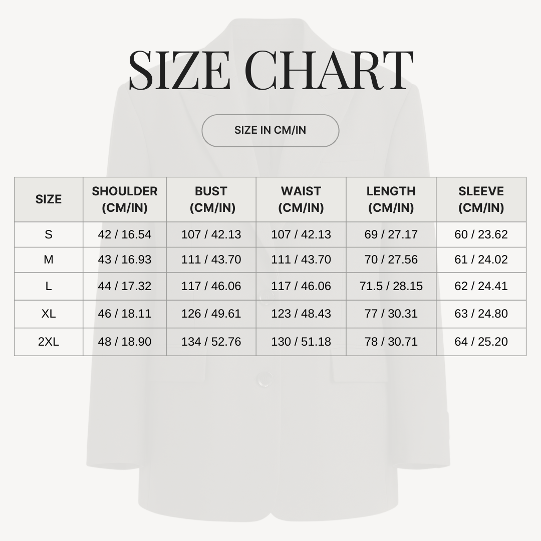 Casual Tailored Blazer Relazed Fit – Two-Button Front for Women size chart