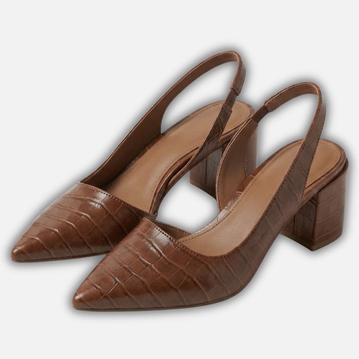 Croc-Embossed Slingback Block Heels with Pointed Toe for Women