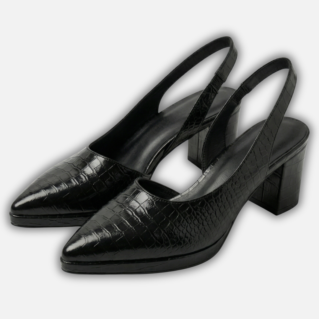 Croc-Embossed Slingback Block Heels with Pointed Toe for Women
