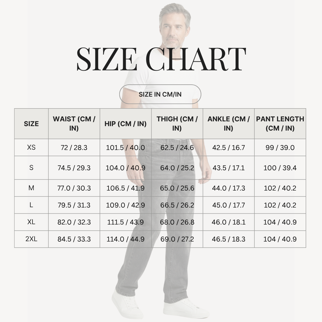 Straight Fit Denim Jeans – Faded Wash for Men size chart