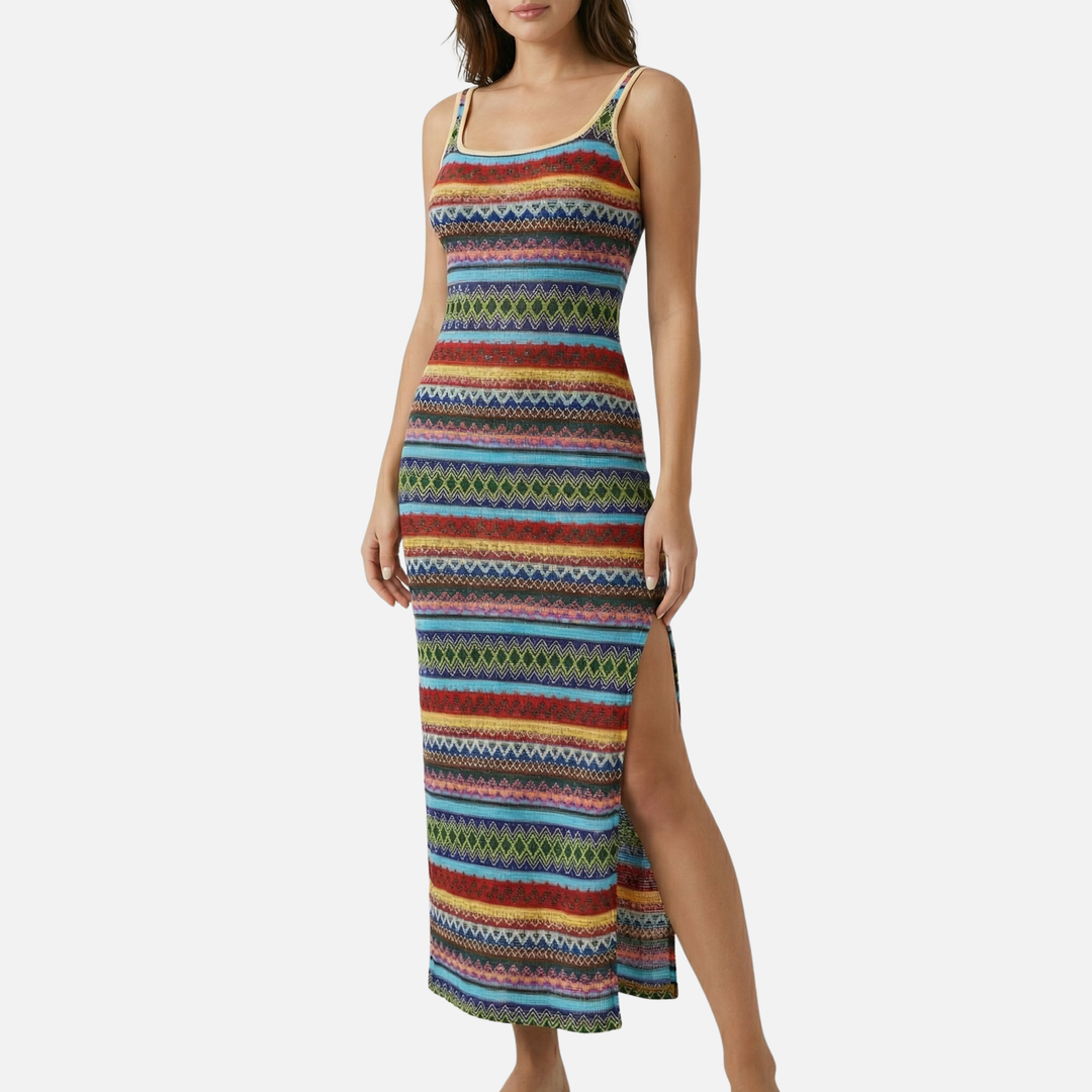 Striped Maxi Dress with Side Slit for Women