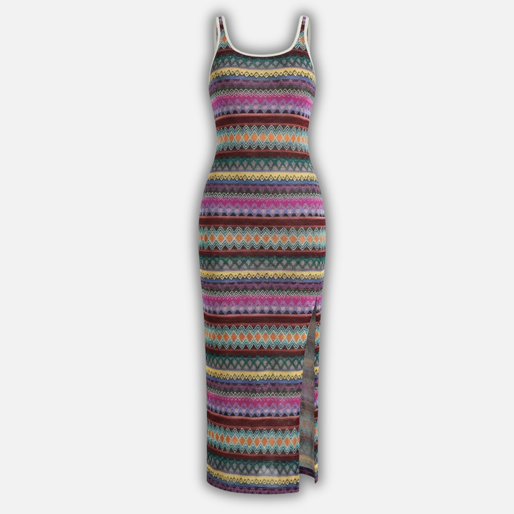 Striped Maxi Dress with Side Slit for Women