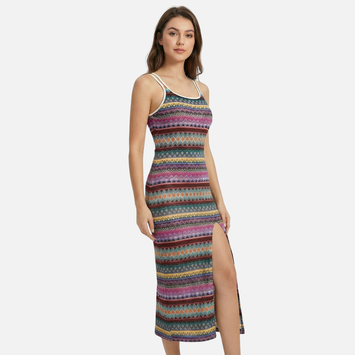 Striped Maxi Dress with Side Slit for Women