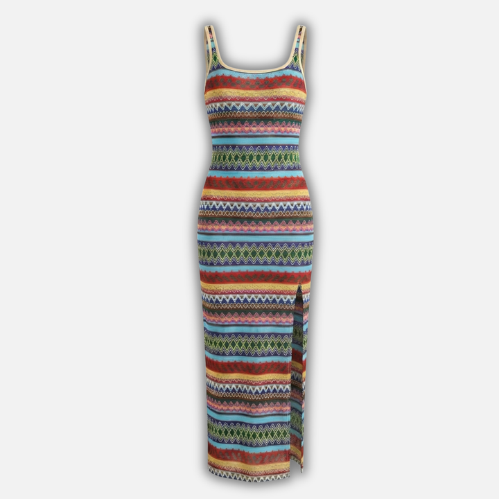 Striped Maxi Dress with Side Slit for Women