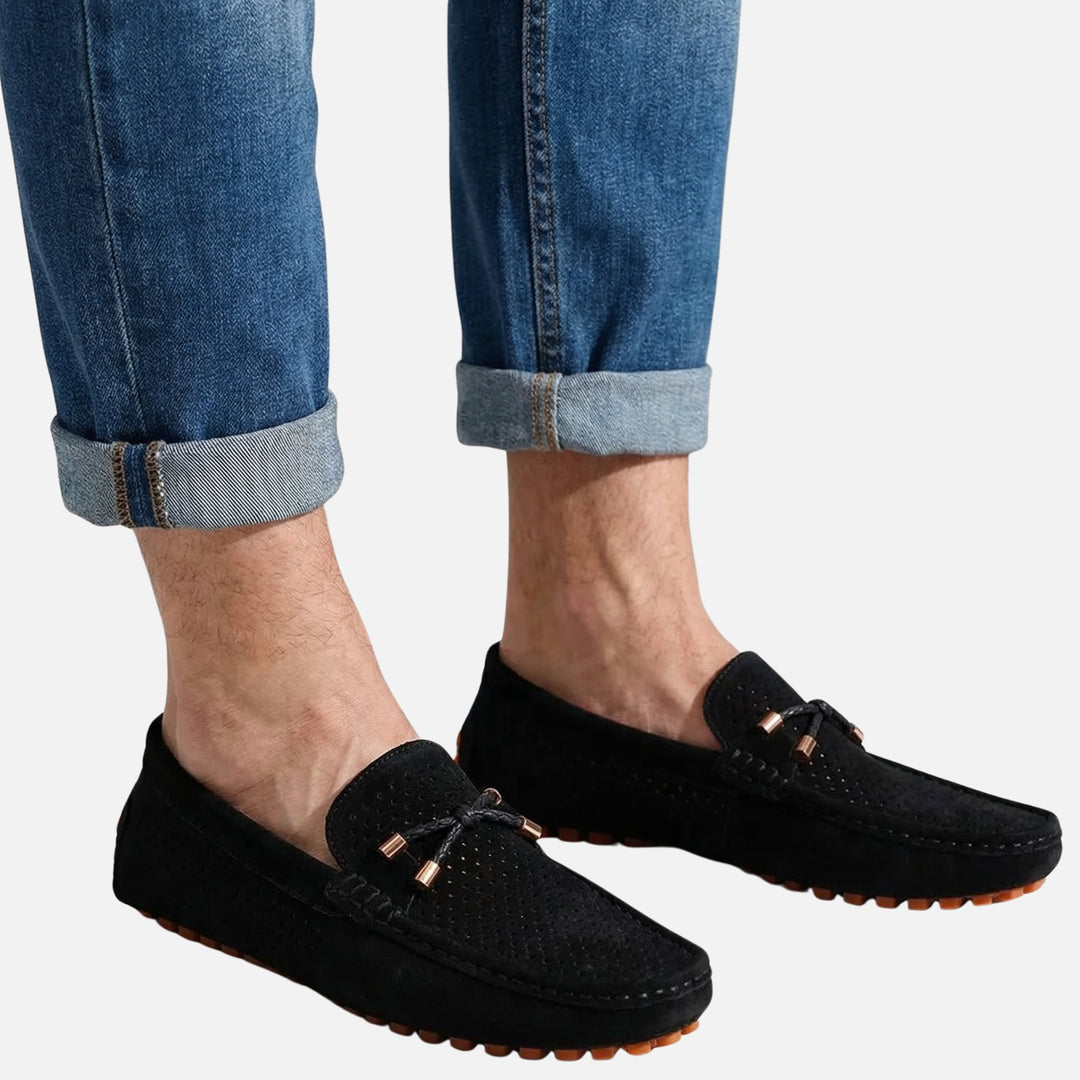 Suede-Style Perforated Slip-On Loafers with Bead Detail for Men