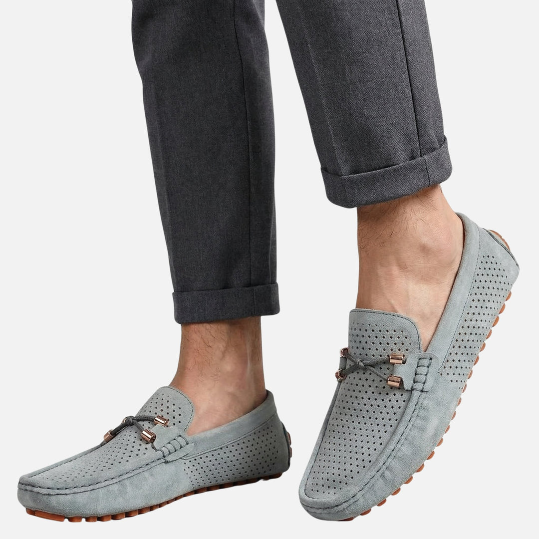 Suede-Style Perforated Slip-On Loafers with Bead Detail for Men