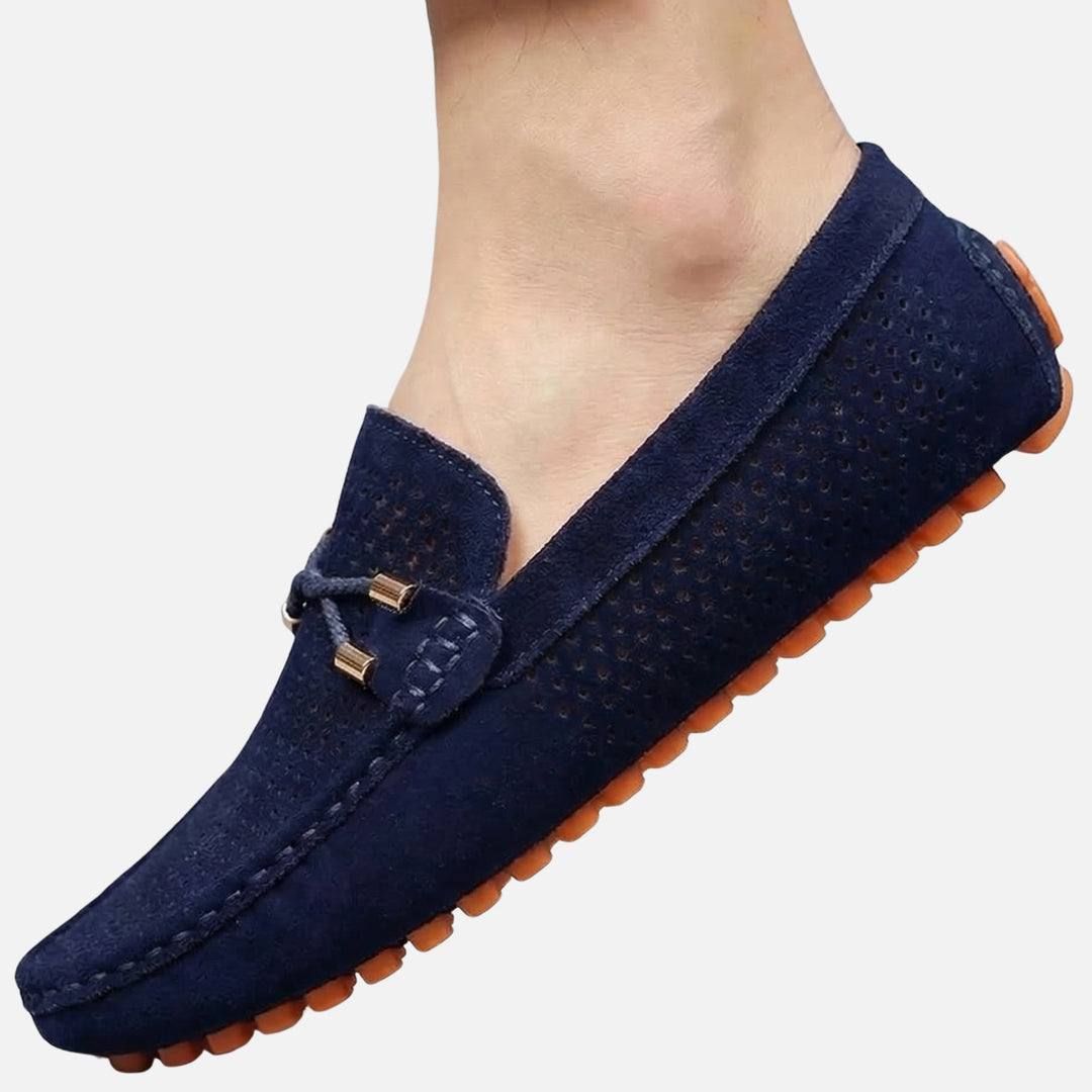 Suede-Style Perforated Slip-On Loafers with Bead Detail for Men