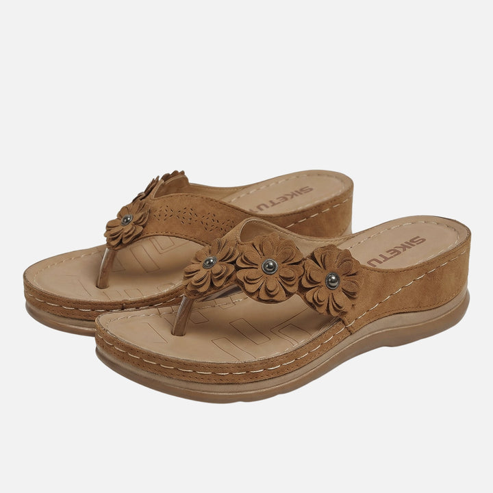 Suede Wedge Toe-Post Sandals with Flower Accents for Women