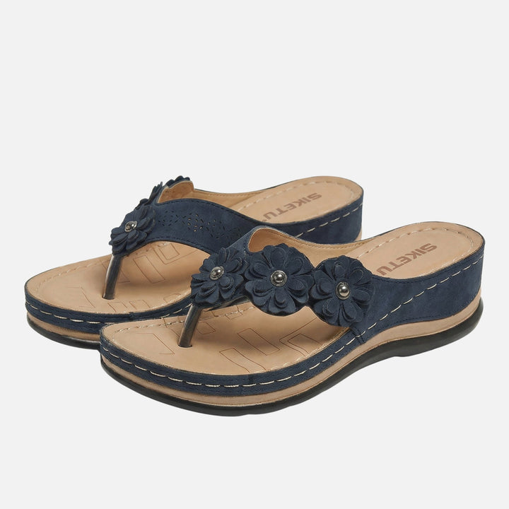 Suede Wedge Toe-Post Sandals with Flower Accents for Women