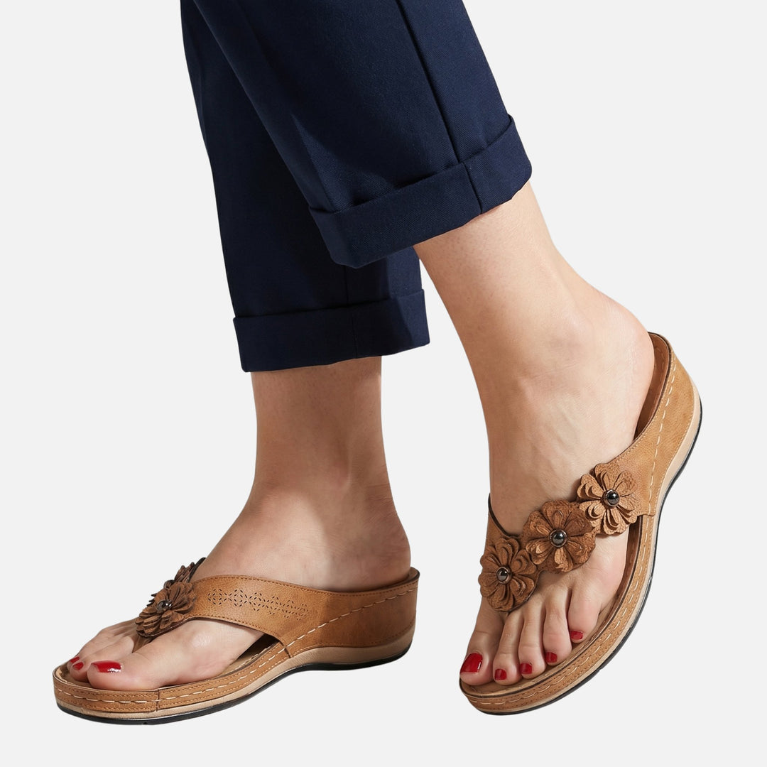 Suede Wedge Toe-Post Sandals with Flower Accents for Women
