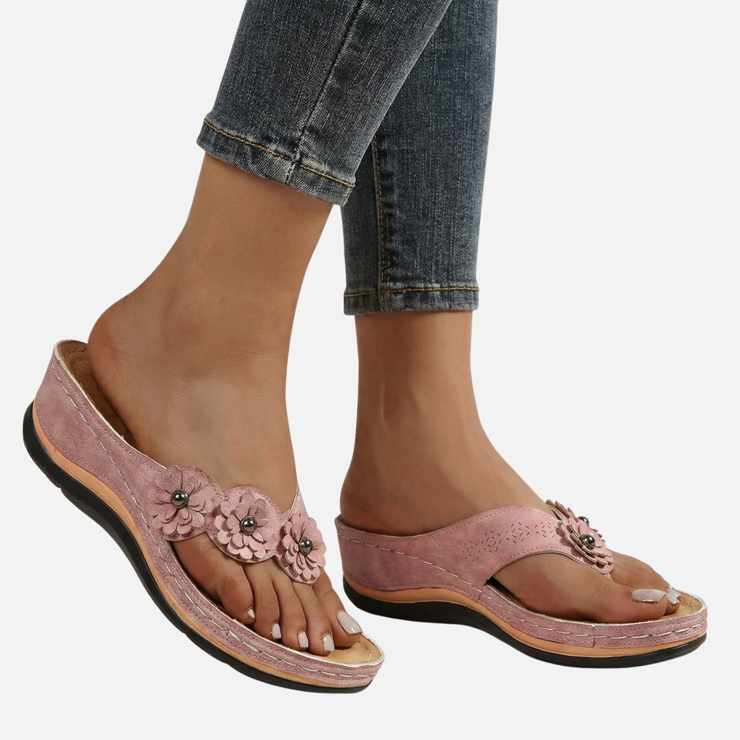 Suede Wedge Toe-Post Sandals with Flower Accents for Women