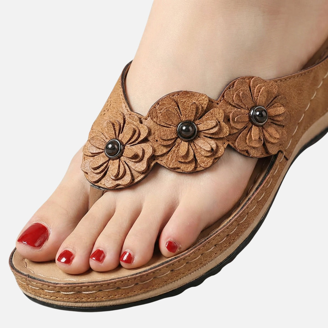 Suede Wedge Toe-Post Sandals with Flower Accents for Women
