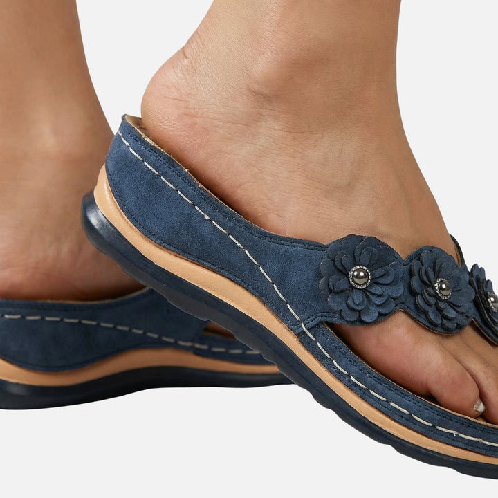 Suede Wedge Toe-Post Sandals with Flower Accents for Women