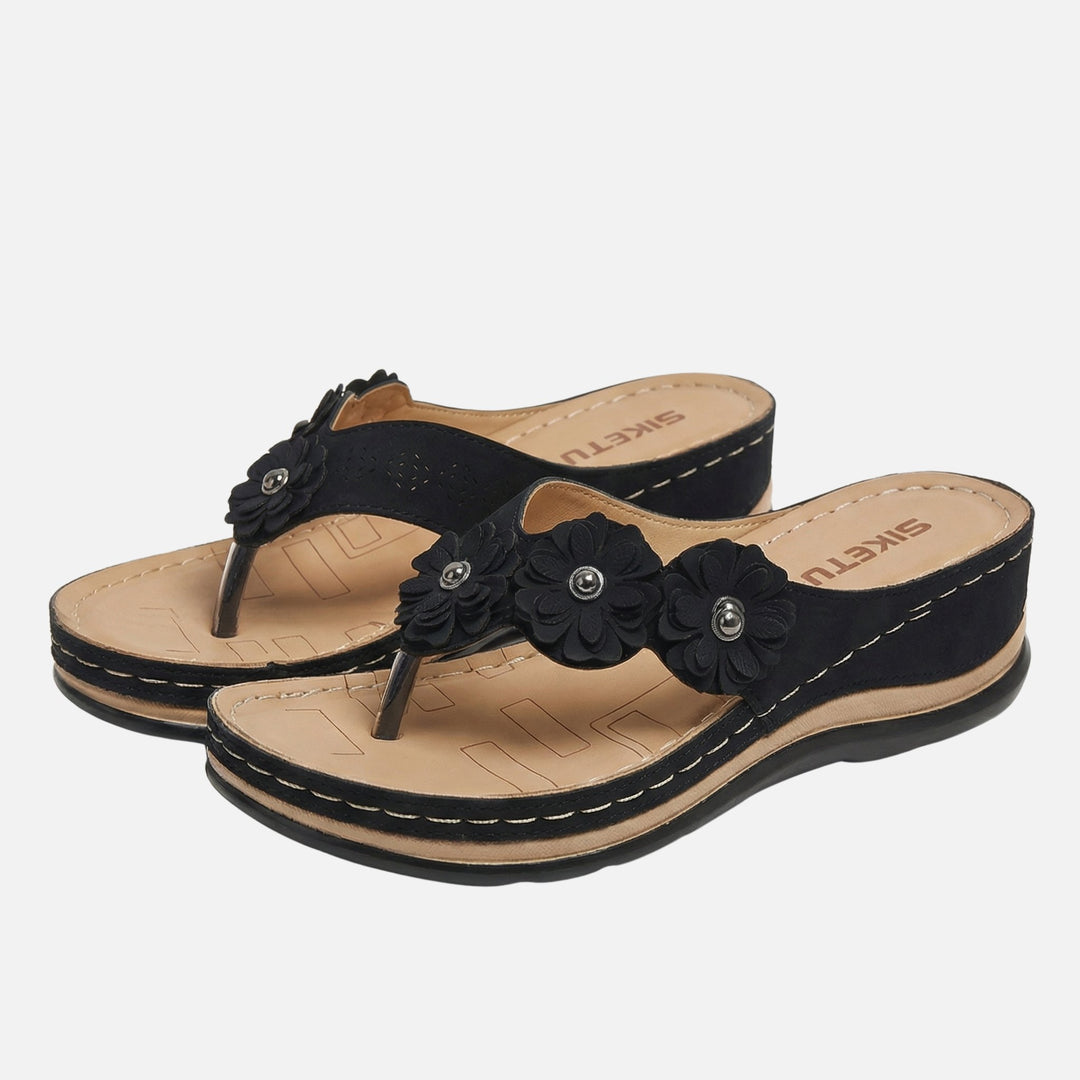 Suede Wedge Toe-Post Sandals with Flower Accents for Women