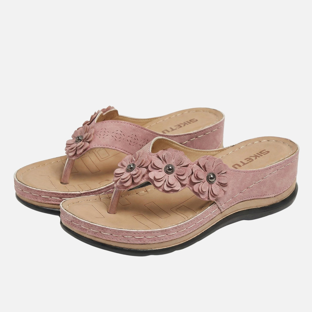 Suede Wedge Toe-Post Sandals with Flower Accents for Women