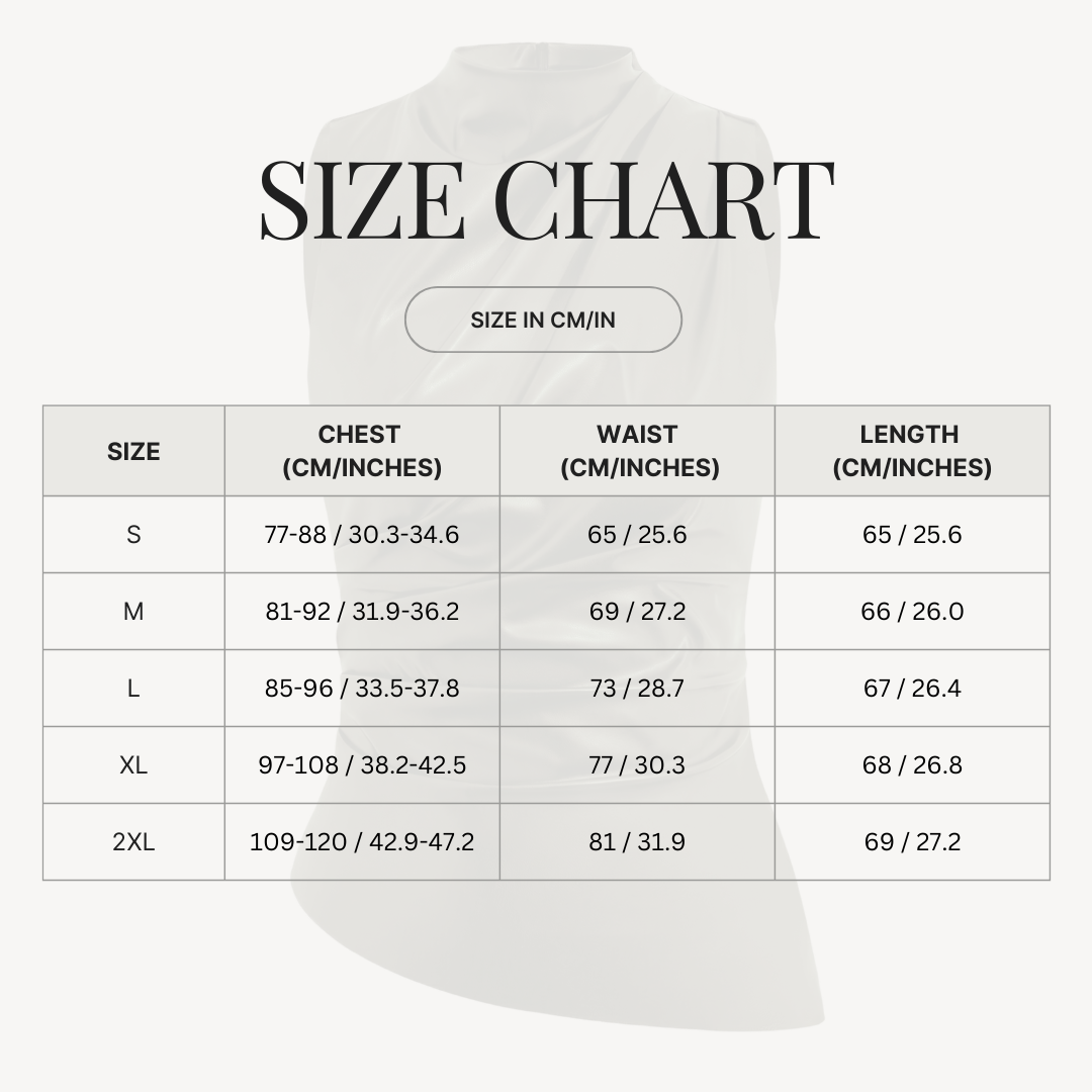 Asymmetrical Draped Sleeveless Top – Mock Neck for Women size chart
