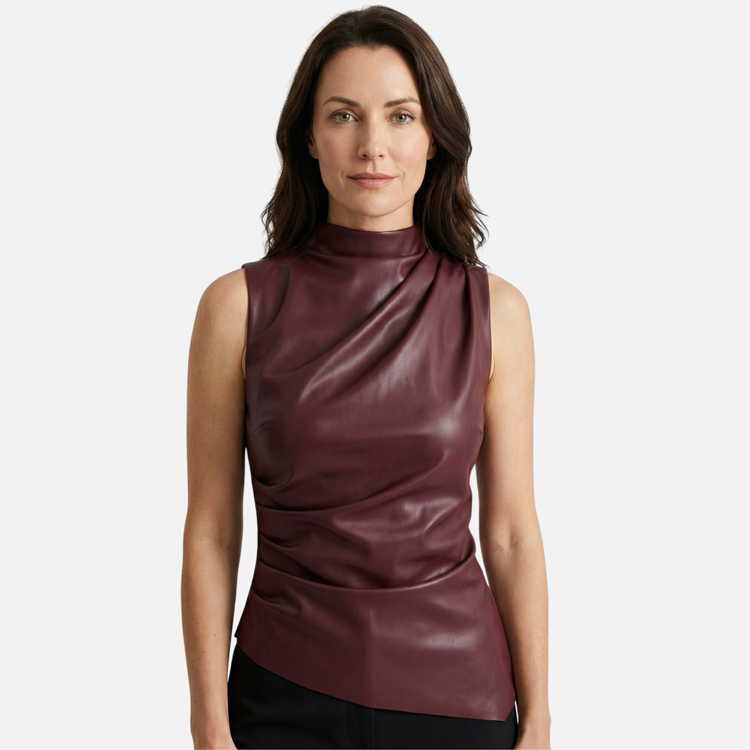 Asymmetrical Draped Sleeveless Top – Mock Neck for Women