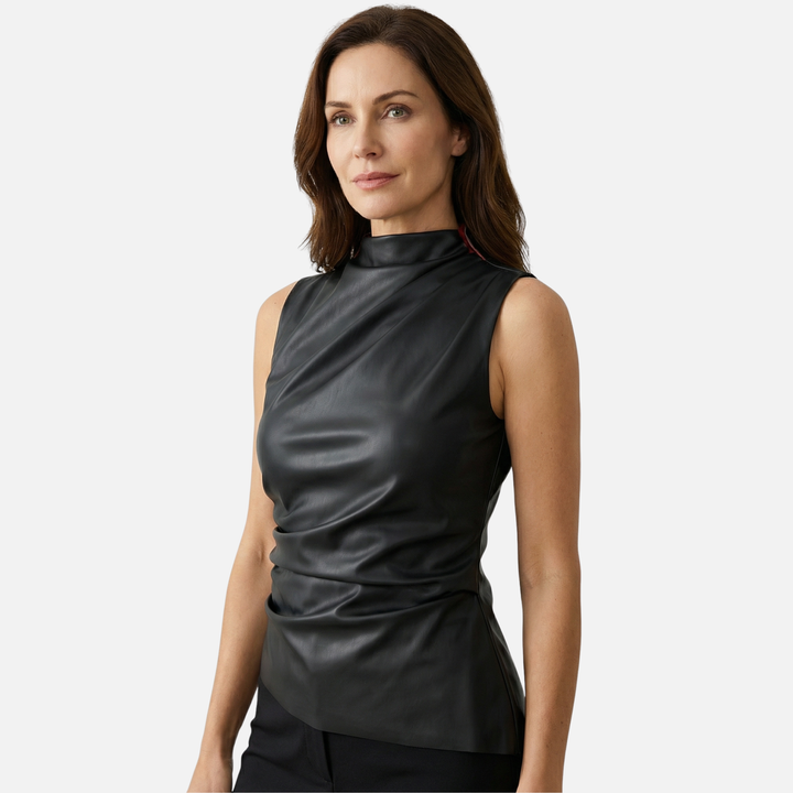 Asymmetrical Draped Sleeveless Top – Mock Neck for Women