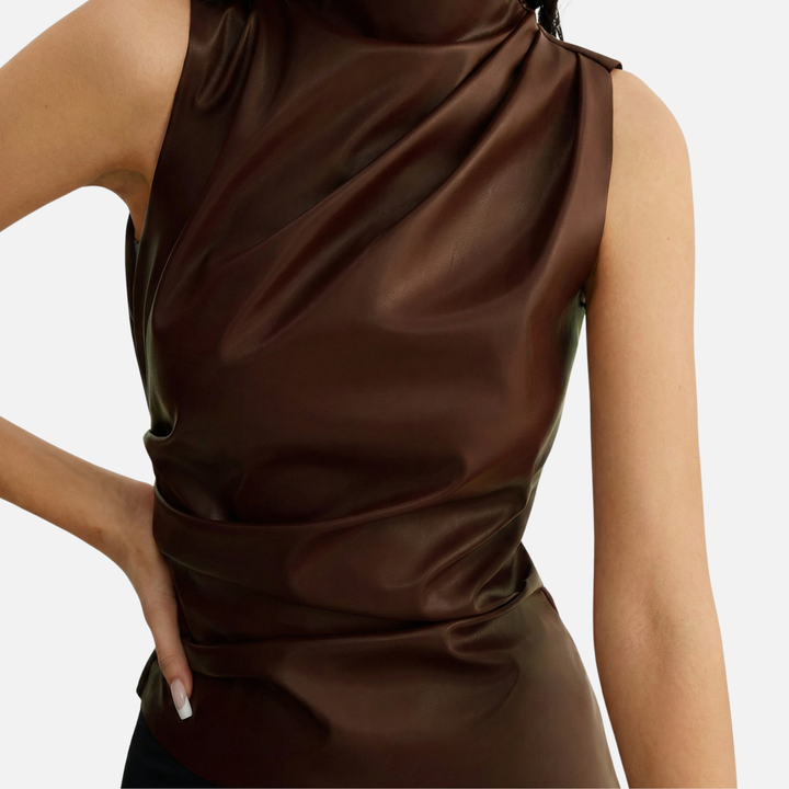 Asymmetrical Draped Sleeveless Top – Mock Neck for Women