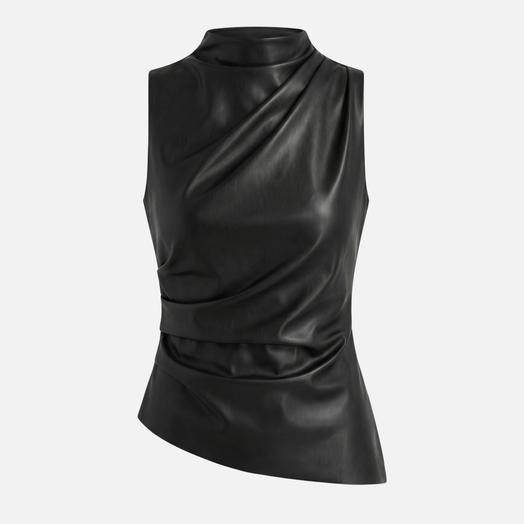 Asymmetrical Draped Sleeveless Top – Mock Neck for Women