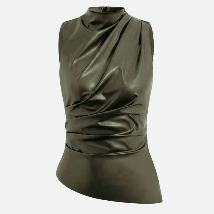 Asymmetrical Draped Sleeveless Top – Mock Neck for Women