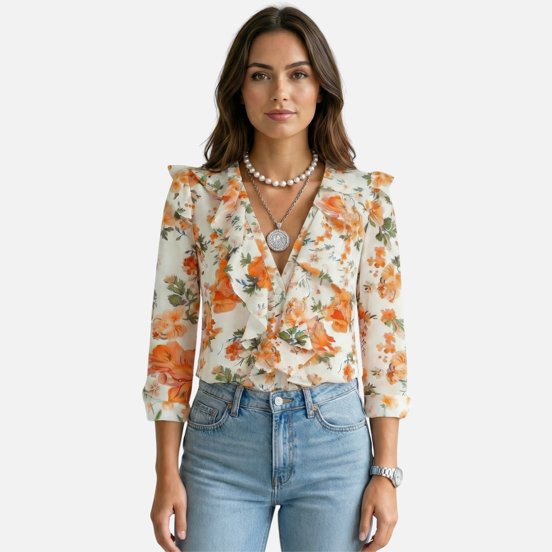 Summer Casual Print Blouse with V-Neck Ruffle for Women