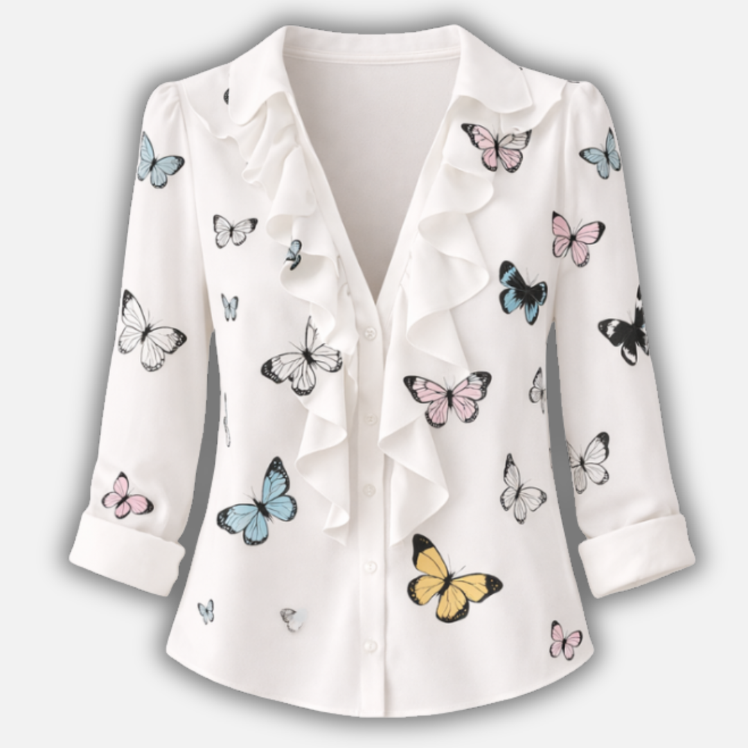 Summer Casual Print Blouse with V-Neck Ruffle for Women