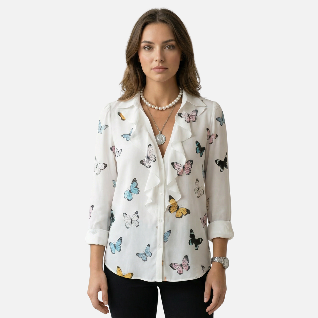 Summer Casual Print Blouse with V-Neck Ruffle for Women