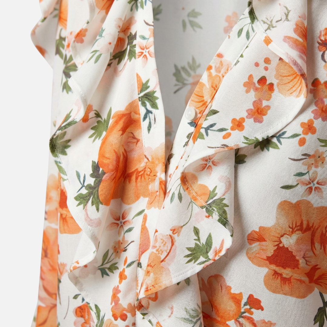 Summer Casual Print Blouse with V-Neck Ruffle for Women