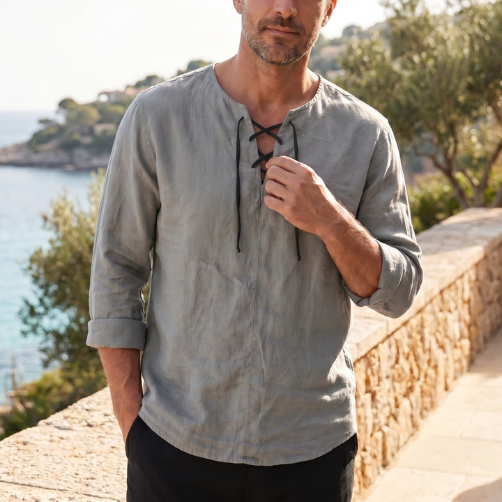 Summer Linen Shirt with Lace-Up Neckline for Men