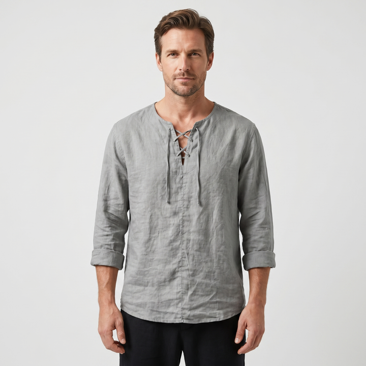 Summer Linen Shirt with Lace-Up Neckline for Men