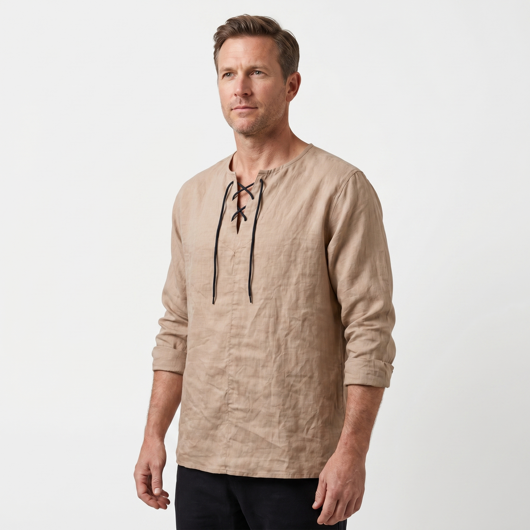 Summer Linen Shirt with Lace-Up Neckline for Men