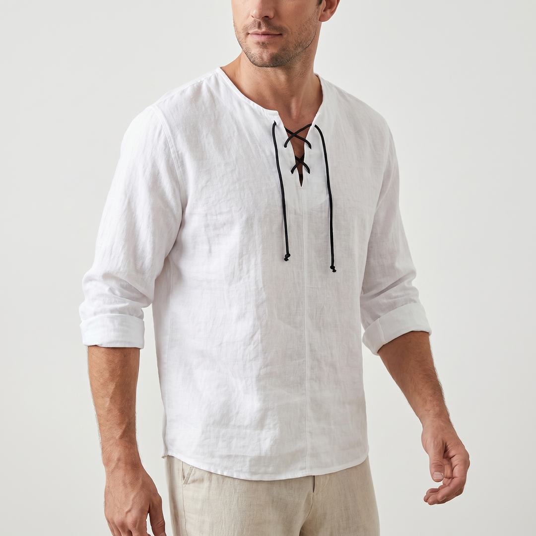 Summer Linen Shirt with Lace-Up Neckline for Men