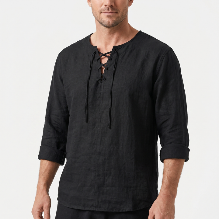 Summer Linen Shirt with Lace-Up Neckline for Men