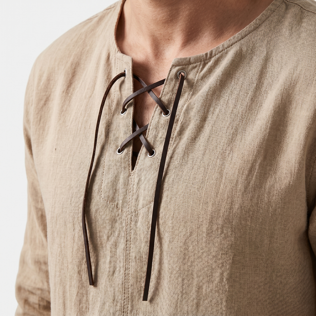 Summer Linen Shirt with Lace-Up Neckline for Men