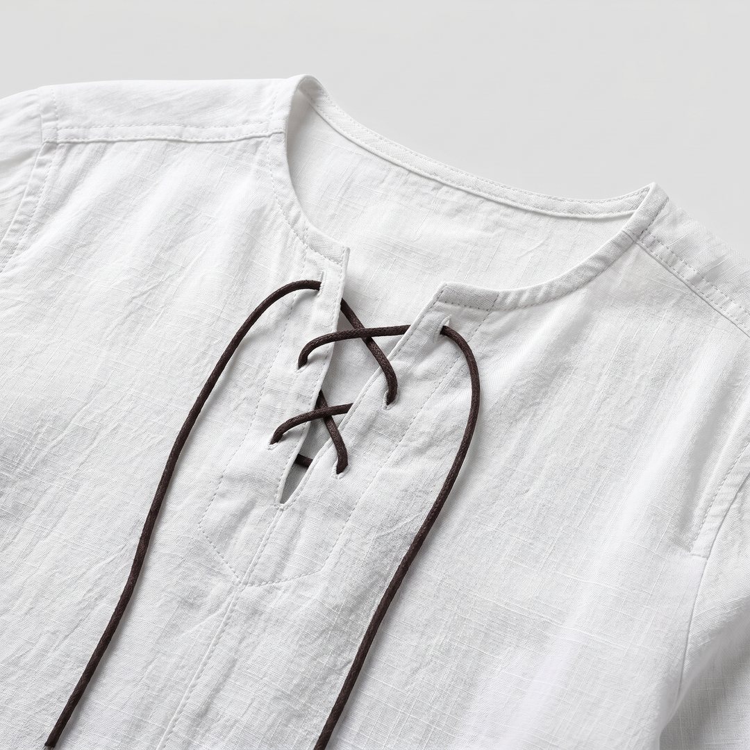 Summer Linen Shirt with Lace-Up Neckline for Men