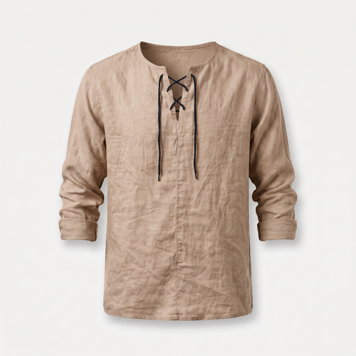 Summer Linen Shirt with Lace-Up Neckline for Men